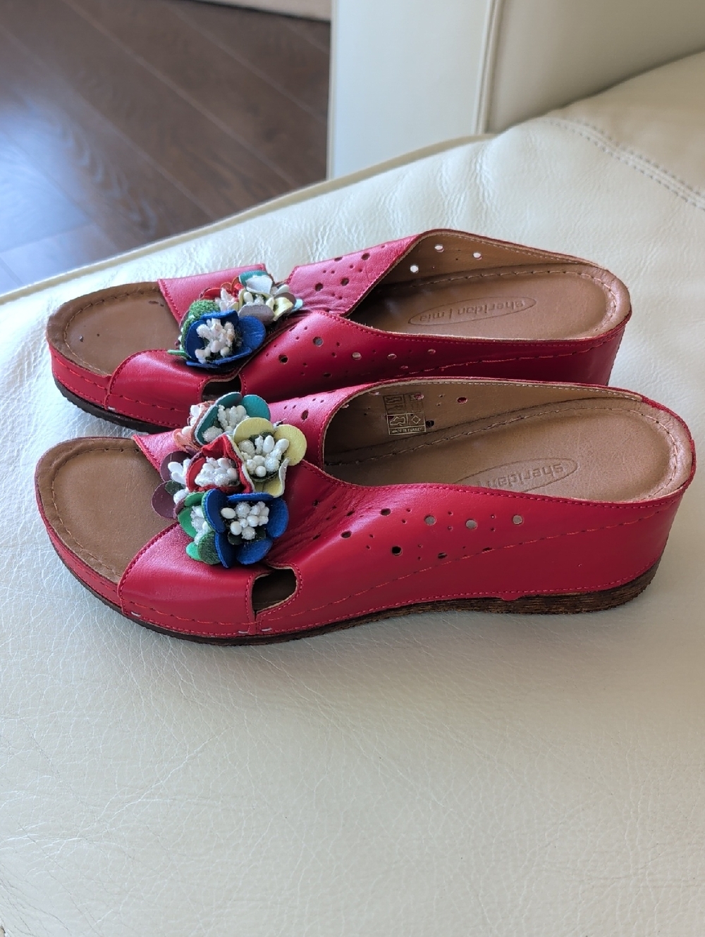 Dr. Scholl's Red Floral Leather Wedge Mules